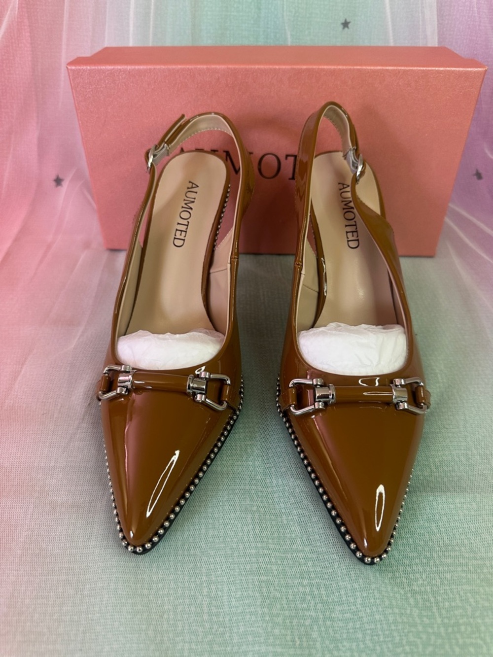 NEW AUMOTED Brown Patent Pointed-Toe Slingback Mules with Silver Hardware W/Belt